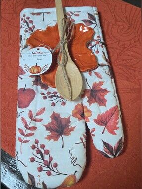 Fall Leaf Oven Mitt and Spoon Gift Set - Orange/White